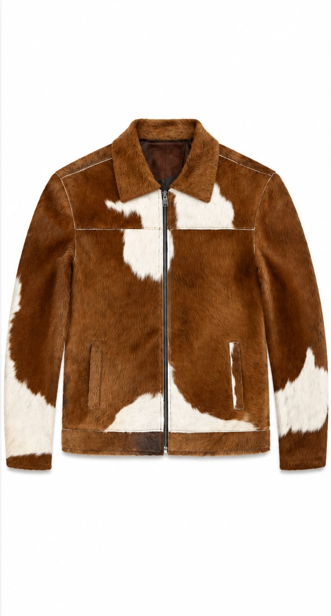 A brown and white cowhide-patterned zip-up jacket with a collar and front pockets, shown flat against a plain white background.