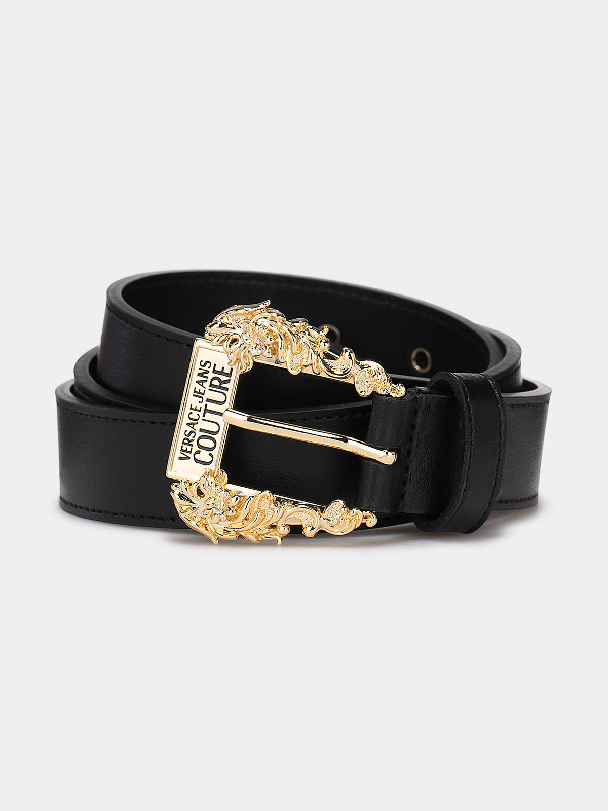 A black leather Versace Jeans Couture belt with an ornate gold-tone metal buckle featuring the brand name engraved on its side.